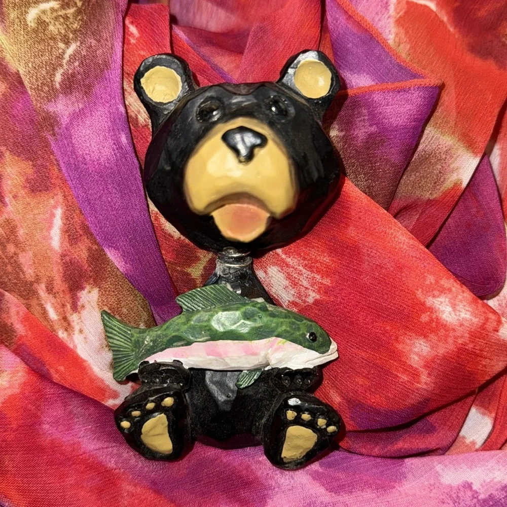 Black Bear with Fish Figurine - Black and Green BOBBLE HEAD NEW